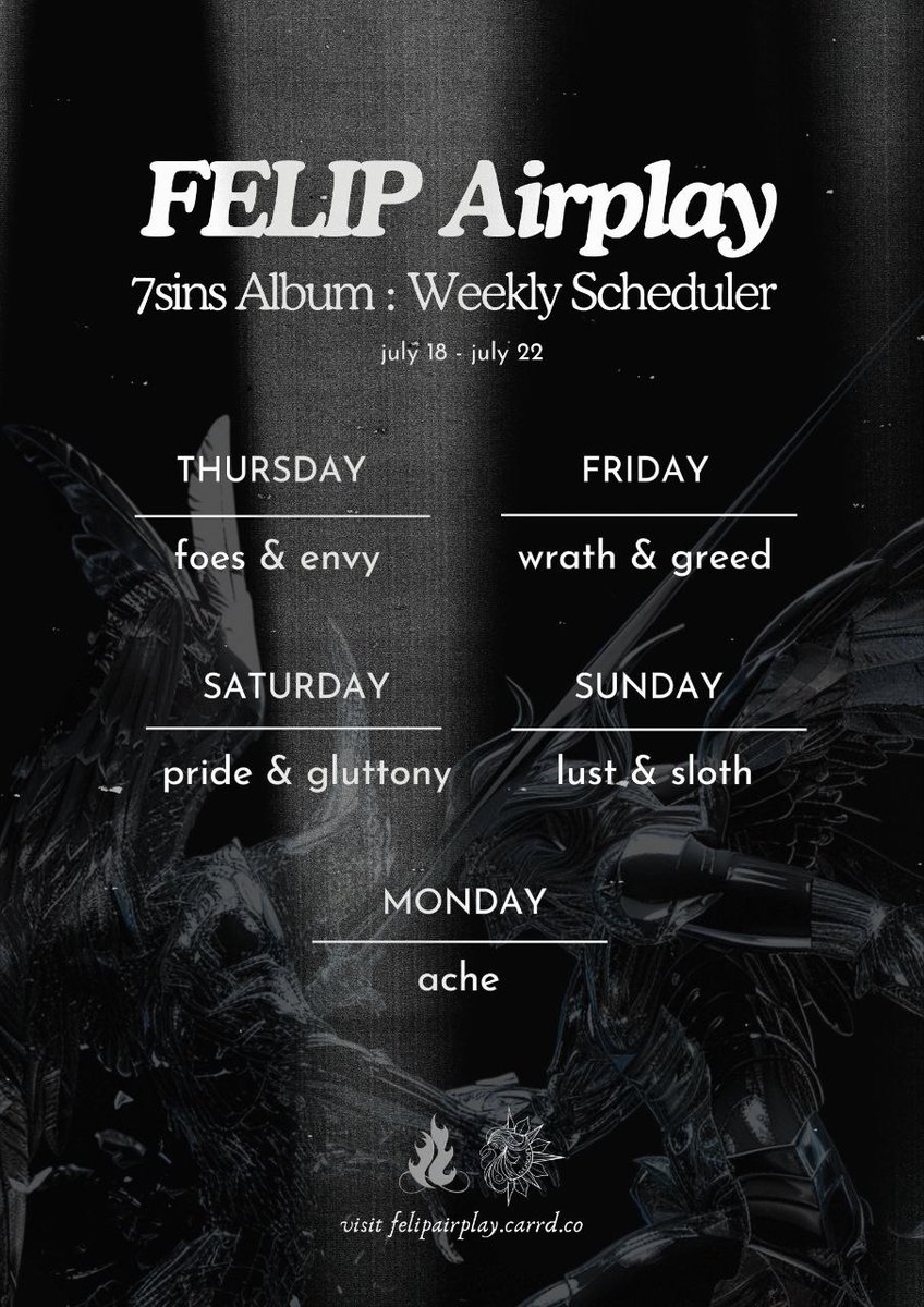 AmariFuego's tweet image. #FELIP Airplay Weekly Schedule from July 18 to 22.

Here’s what you need to know. Its track focused, and look out for the radio stations to be uploaded each day. Note that this is part of the Ep. 2 of 1997 Giveaway (@ep1997_). 

🔗 felipairplay.carrd.co 

#FELIP_7sins