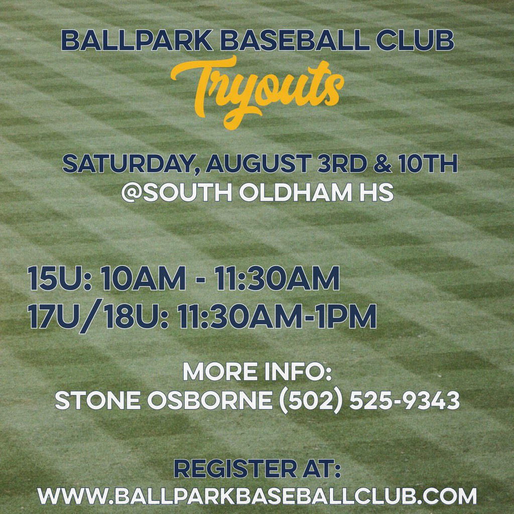 ALL 15u and 17/18u! <a href="/BallparkHQ/">Ballpark Baseball Club</a> is a fast-rising travel ball organization in the Louisville area! We prioritize development on and off the field. If you want to be coached by current and former college players I highly recommend coming to our tryouts <a href="/SouthBSBL/">S. Oldham Baseball</a> 

Link is ⬇️