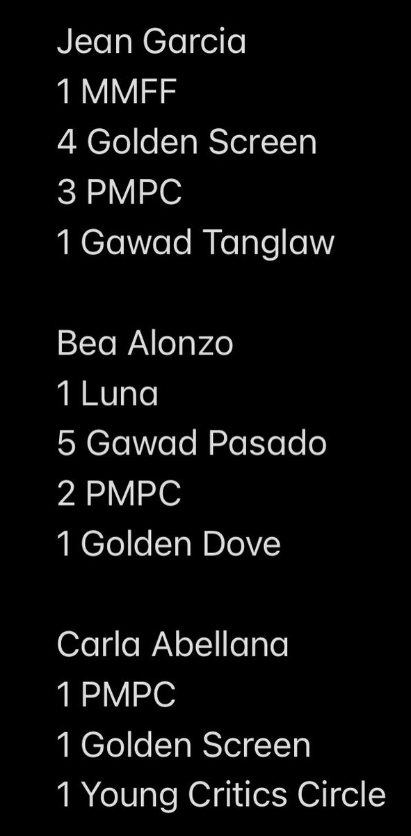 darnaisangel's tweet photo. Oh ayan. Nilatag ko na para malaman niyong mukhang pang Grade II ang awards nina Bea, Carla at Jean kapag itinabi sa awards nina Cherry Pie, Direk Joel at Mercedes. 😂😂😂 https://t.co/jHEHf0lwrL