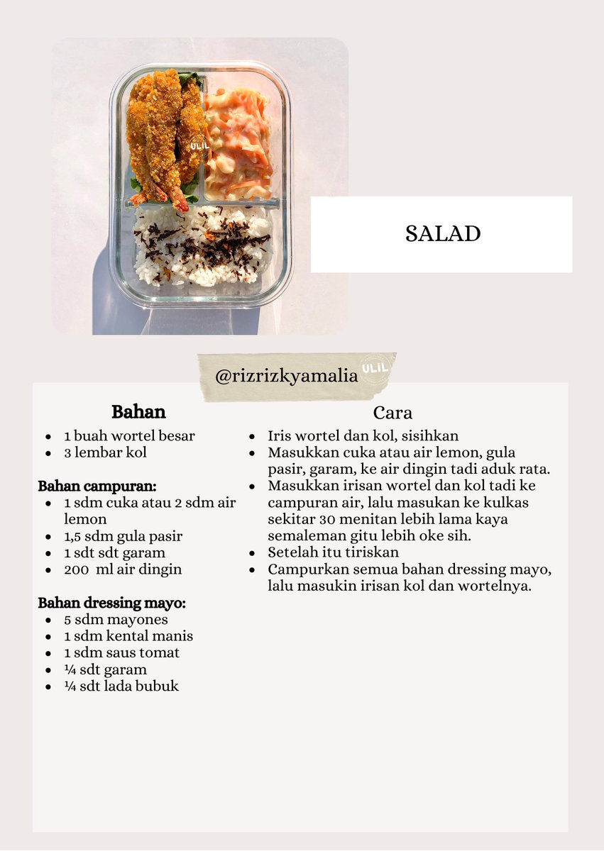 rizrizkyamalia's tweet photo. Resep Ebi Furai &amp; Salad (ala aku)

Resep Salad &amp; Ebi Furai yang waktu itu aku bikin buat bekal, semoga bisa bermanfaat ya ✨🫶🏻 https://t.co/r4WV6vYupf