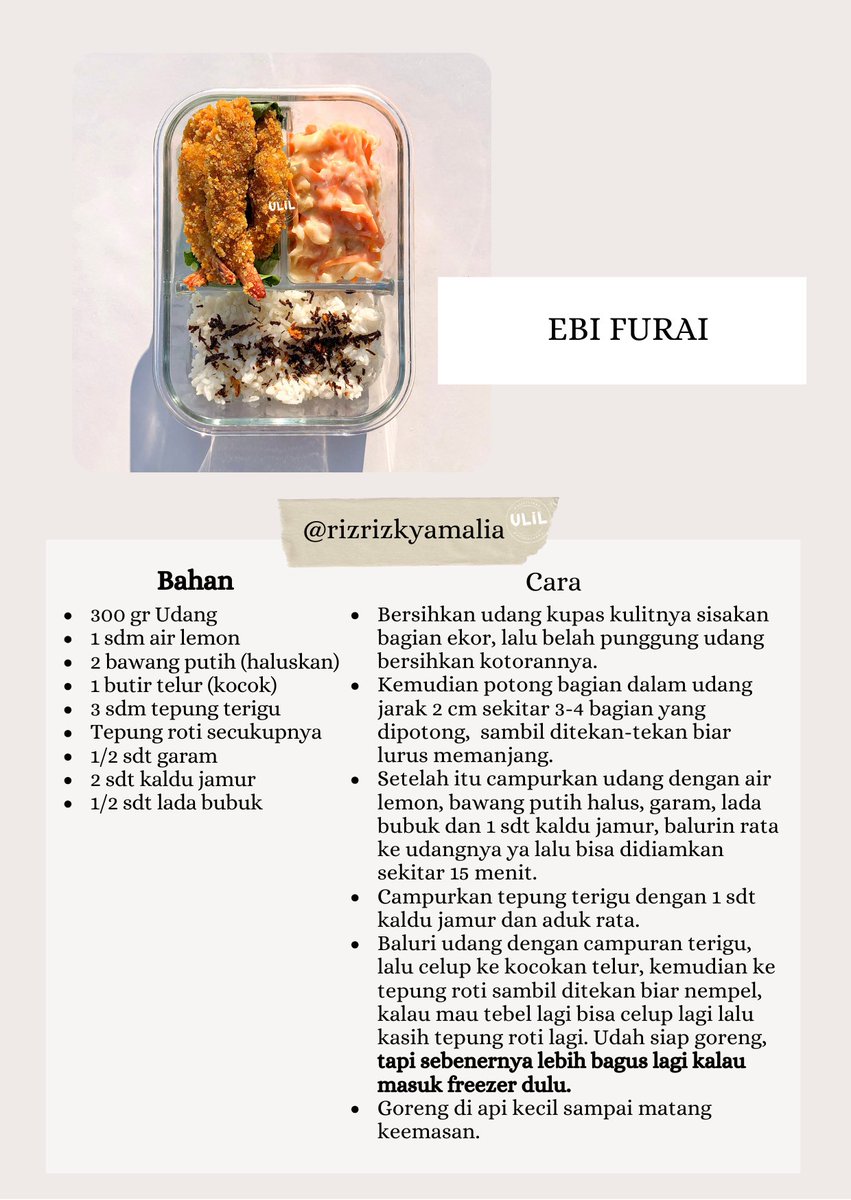rizrizkyamalia's tweet photo. Resep Ebi Furai &amp; Salad (ala aku)

Resep Salad &amp; Ebi Furai yang waktu itu aku bikin buat bekal, semoga bisa bermanfaat ya ✨🫶🏻 https://t.co/r4WV6vYupf