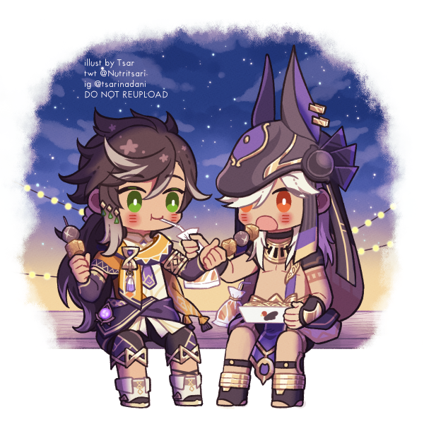 Nutritsari's tweet photo. Cyno and Sethos sharing their festival yields 🍢 Sharing is caring~ ❤️ #genshinimpact #genshinfanart #hoyocreators #genshinsummer https://t.co/VkgDtOwKbk