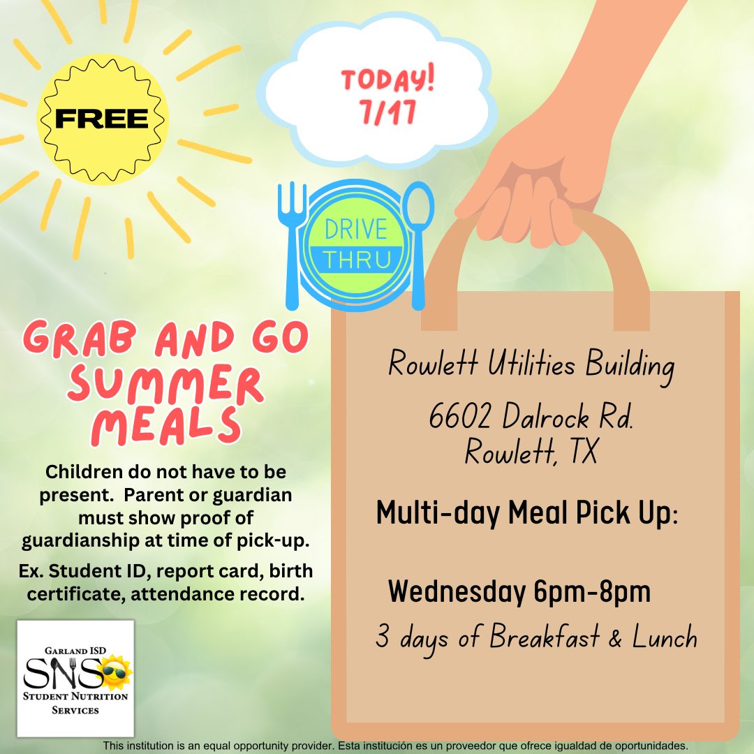 gisdnutrition's tweet image. 🚘 Drive-thru summer meal pick up is TODAY 6pm-8pm!
🍊Garland ISD Student Nutrition Services will be offering FREE grab and go meal bundles for all children 18 &amp;amp; under at the Rowlett Utilities Building!

#kidapproved breakfast and lunch meals!