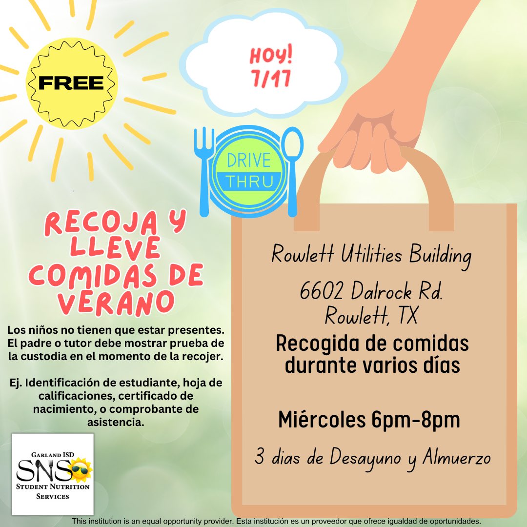 gisdnutrition's tweet image. 🚘 Drive-thru summer meal pick up is TODAY 6pm-8pm!
🍊Garland ISD Student Nutrition Services will be offering FREE grab and go meal bundles for all children 18 &amp;amp; under at the Rowlett Utilities Building!

#kidapproved breakfast and lunch meals!