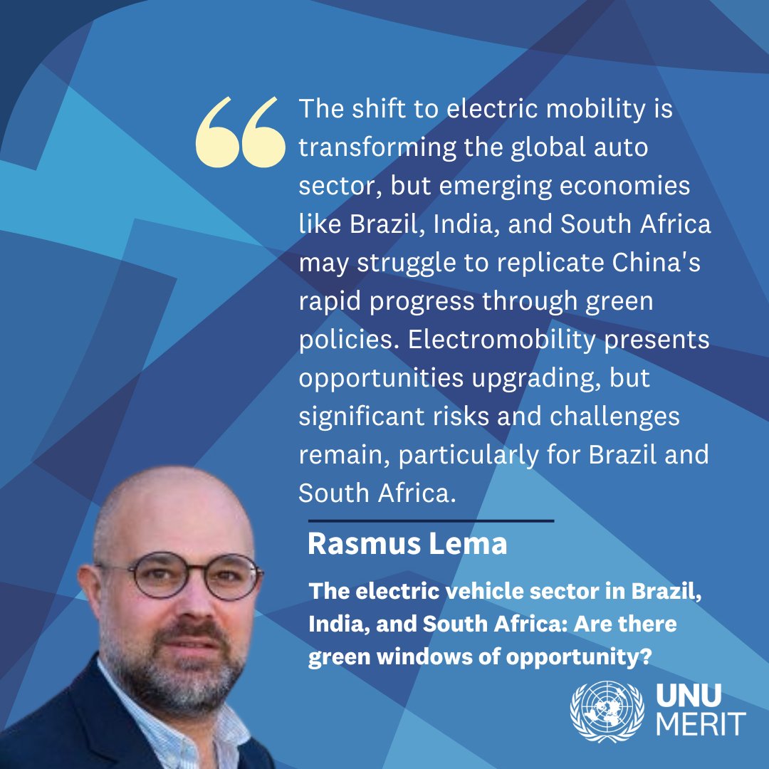 ⚡ How will the shift to #ElectricVehicles affect emerging economies?

A new open access paper co-authored by UNU-MERIT's <a href="/RasmusLema/">Rasmus Lema</a> explores this shift and its implications for #Brazil, #India and #SouthAfrica.

💡 Read the paper here: doi.org/10.1093/icc/dt…

#EmergingEconomy