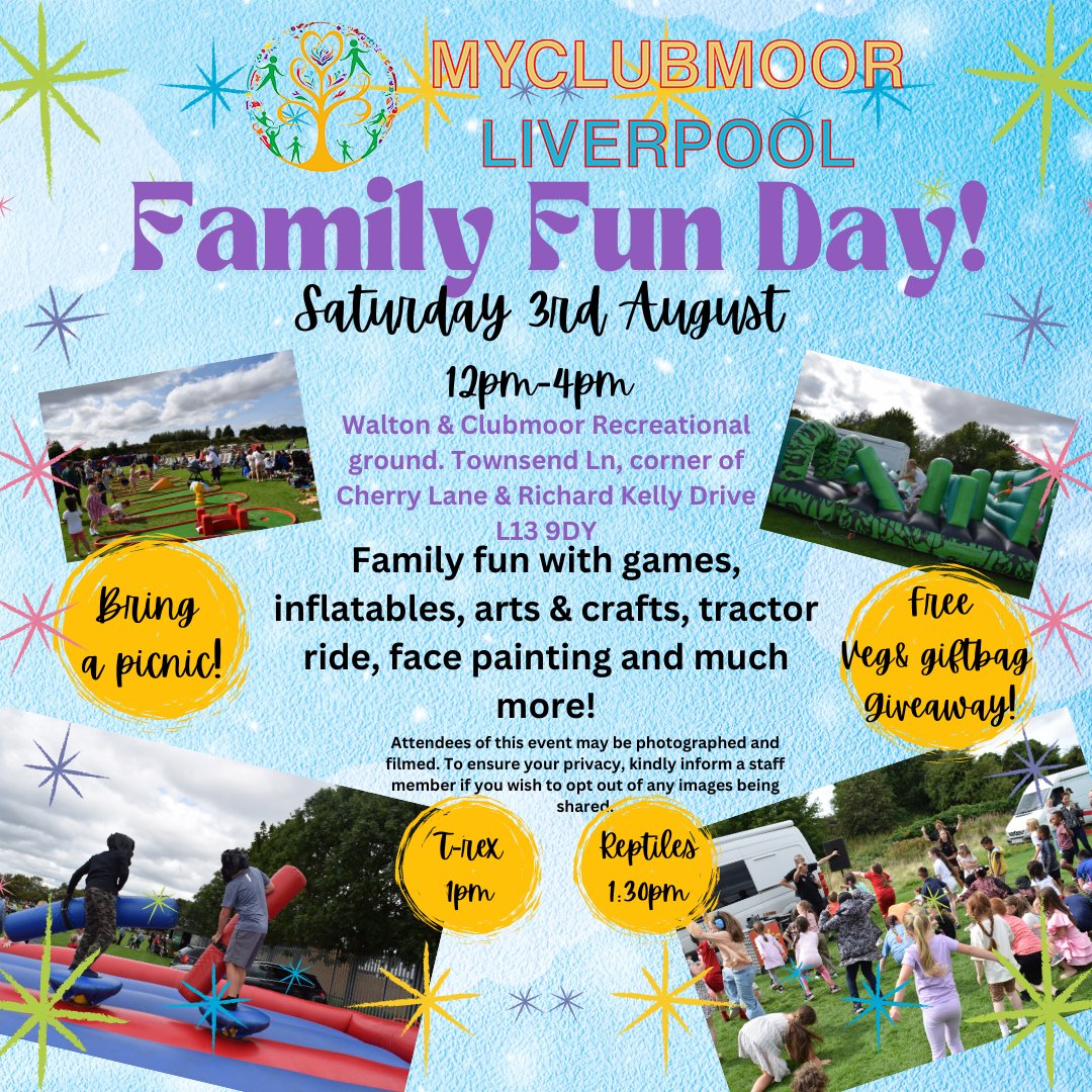 Join us for a fun-filled day at Myclubmoor’s annual Family Fun Day on Saturday 3rd August at Walton &amp; Clubmoor recreational ground. Corner of Cherry lane and Richard Kelly drive. With giveaways, inflatables, go-carts, tractor rides, and the chance to meet a T-Rex.