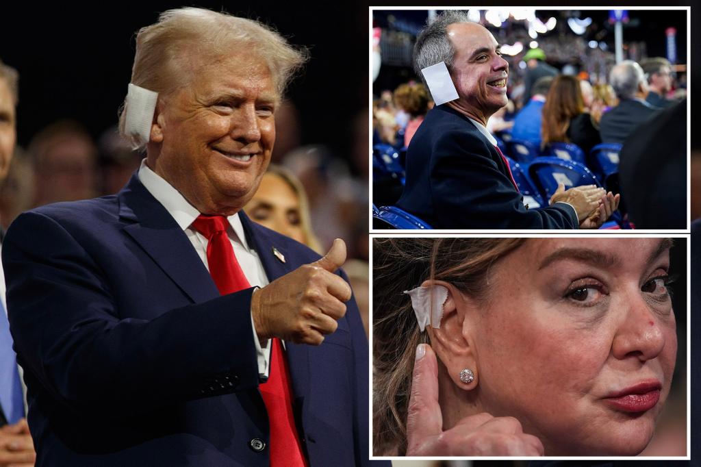 nypost's tweet photo. RNC attendees sport ear bandages in support of Trump: ‘This is the newest fashion trend!’ https://t.co/lvvmL64FxK https://t.co/qdSCJTacbn