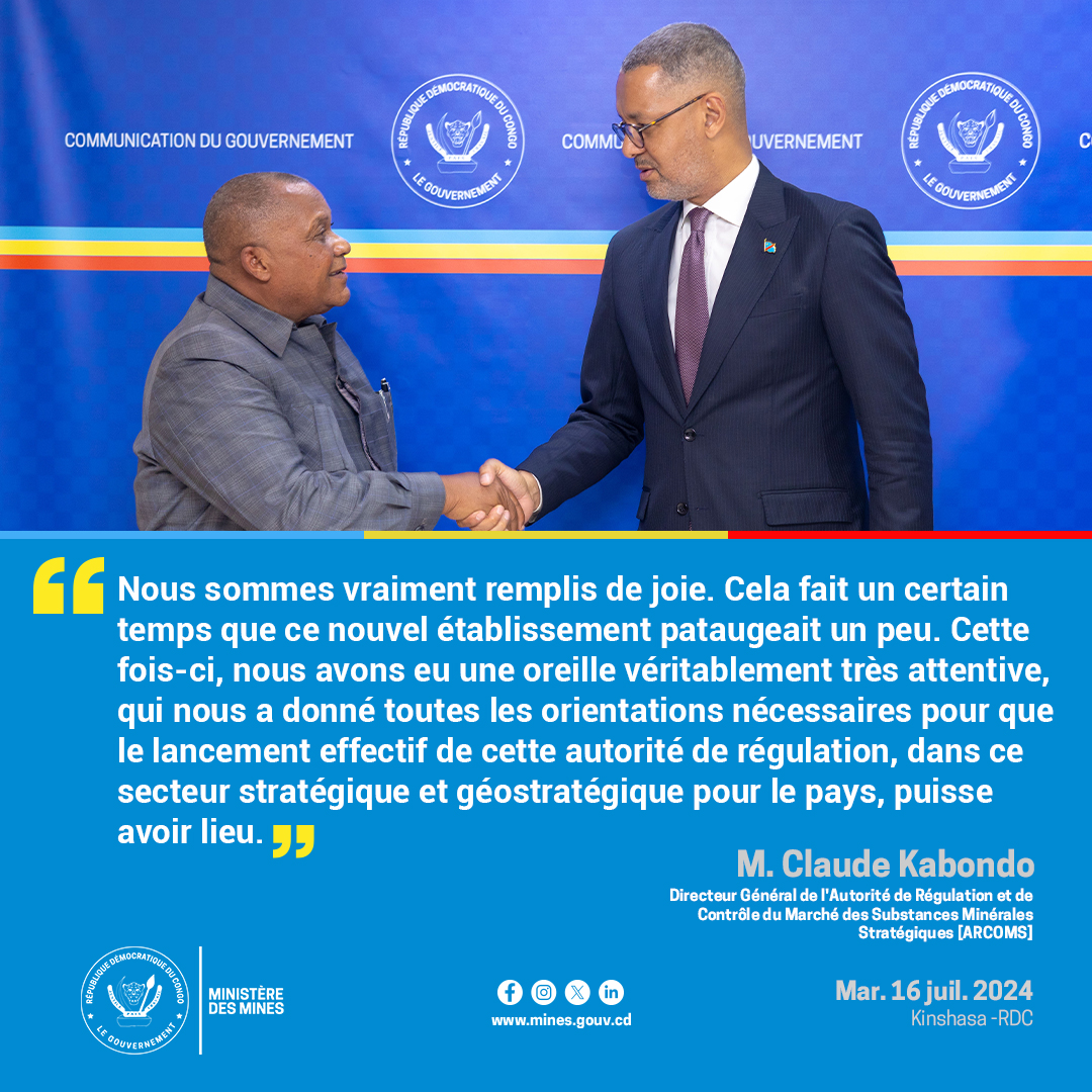MinMinesRDC's tweet image. #RDC_MINES | 16.07.2024
Au cabinet du Ministère des Mines, SEM Kizito PAKABOMBA, a rencontré M. Claude Kabondo, DG de l'Autorité de Régulation et de Contrôle du Marché des Substances Minérales Stratégiques (ARCOMS). 

#CELLCOM