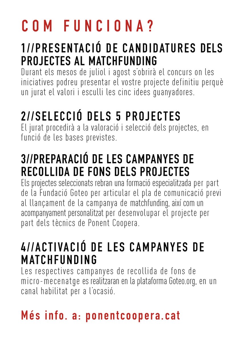 🚀 Tens un projecte? Finança'l amb el Matchfunding de Reeixim L'OESST!

Obrim la convocatòria per presentar-se al matchfunding de 40.000 € o més per a la creació de noves cooperatives a Ponent!

📅 Termini fins al 13 de setembre.

Consulta les bases a 👉ponentcoopera.cat/ca/c/reeixim-l…