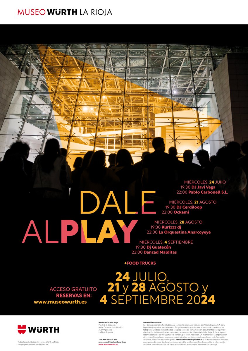 ¡Estábamos deseando contaos que vuelve #DalealPlay!

Los días 24 de julio, 21 y 28 de agosto y 4 de septiembre el jardín escultórico del museo se inundará de música y de aromas gourmet… de reencuentros, de atardeceres y de arte, sobre todo de arte… 

museowurth.es/dale_al_play_2…