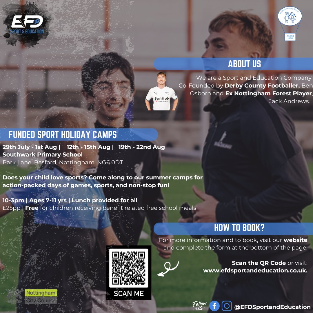 EliteFootballD1's tweet image. The count down to summer is on 🌞🙌. We're running a wide range of sport and football camps across Derby, Nottingham and Sheffield in the holidays⚽️🏏.  Limited places available with no cost for children in receipt of free school meals🏀.

Book here: efdsportandeducation.co.uk