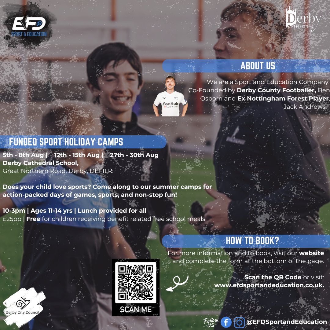 EliteFootballD1's tweet image. The count down to summer is on 🌞🙌. We're running a wide range of sport and football camps across Derby, Nottingham and Sheffield in the holidays⚽️🏏.  Limited places available with no cost for children in receipt of free school meals🏀.

Book here: efdsportandeducation.co.uk