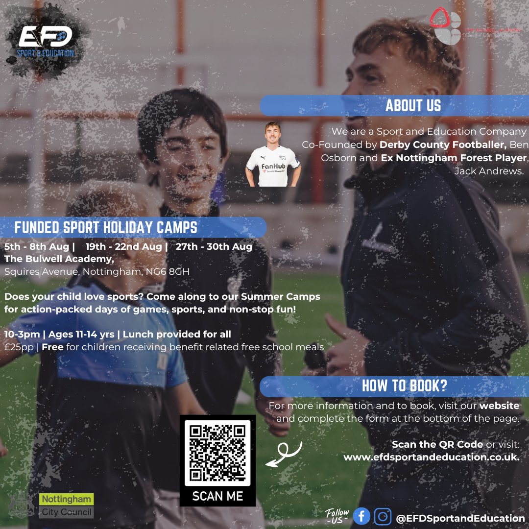 EliteFootballD1's tweet image. The count down to summer is on 🌞🙌. We're running a wide range of sport and football camps across Derby, Nottingham and Sheffield in the holidays⚽️🏏.  Limited places available with no cost for children in receipt of free school meals🏀.

Book here: efdsportandeducation.co.uk