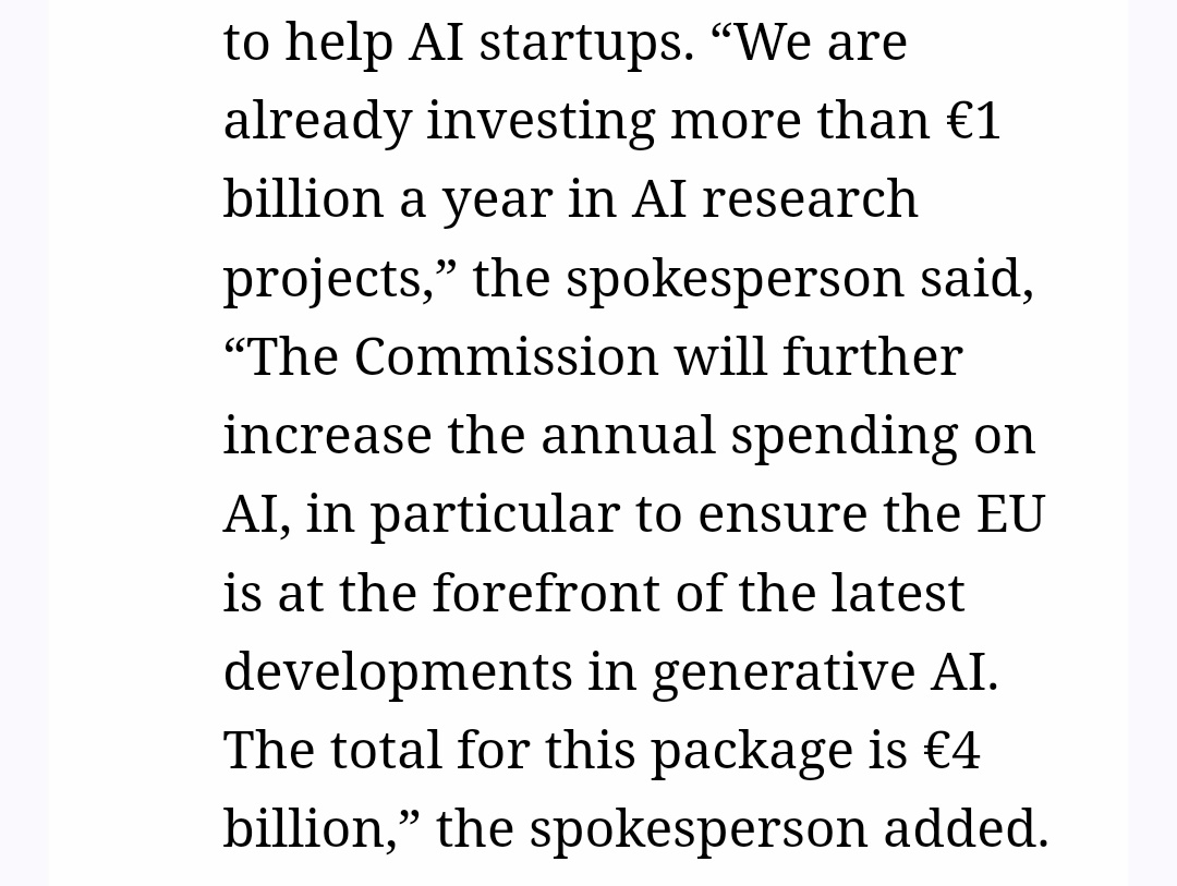 EU 🇪🇺 will increase AI funding “to ensure the EU is at the forefront of AI” 👇

A bunch of incompetent bureaucrats! You don't encourage AI innovation by wasting taxpayer money. You do that by reducing regulation and taxes. The exact OPPOSITE of what EU is doing.
_