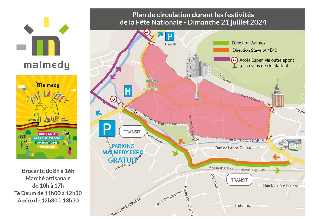 VMalmedy's tweet photo. 🚗 Info - Mobilité 
Dans le cadre de la Fête Nationale, la circulation sera modifiée dans le centre-ville ce dimanche 21 juillet 2024.
Vous trouverez le plan de circulation ci-dessous🎶 Bonne fête nationale !🇧🇪 https://t.co/FqiFI0F8JQ