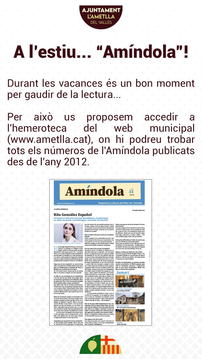 📷 Durant les vacances és un bon moment per gaudir de la lectura...

Per això us proposem accedir a l'hemeroteca del web municipal, on hi podreu trobar tots els números de l'Amíndola publicats des de l'any 2012.

ametlla.cat/actualitat/sup…

#AmetlladelVallès