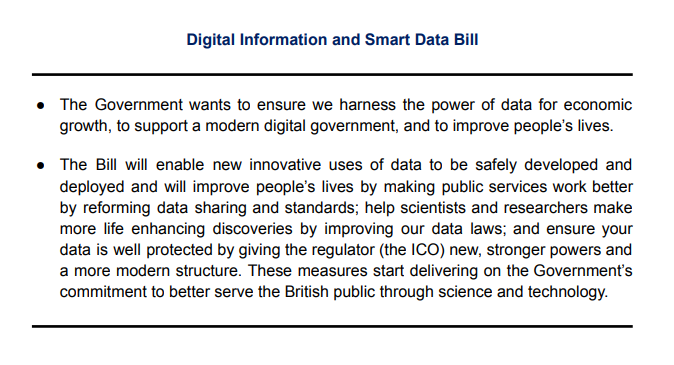 owenboswarva's tweet photo. Not mentioned in the #KingsSpeech itself, but Government bills for this Parliament include a Digital Information and Smart Data Bill https://t.co/i4cGHKO9rc
Basically a subset of less contentious measures in the aborted #DPDIBill.
#DISDBill #smartdata #digitalID #dataprotection https://t.co/4SgkD0lWMG