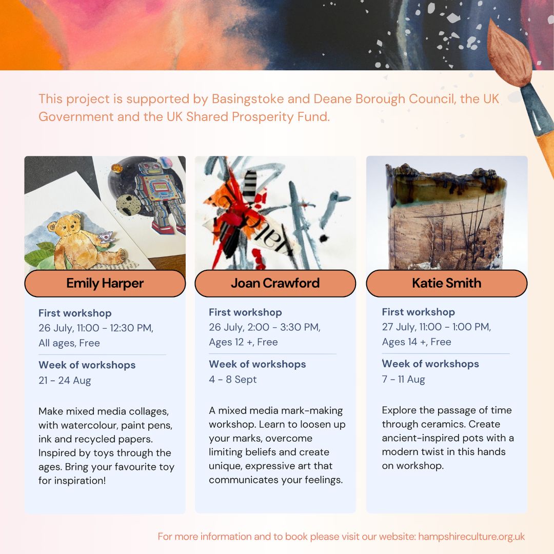 In the build-up to our action-packed summer project -The Time Studio - we’re offering 6 exciting preview workshops with each of our artists!

Book: hampshireculture.org.uk/events?categor… 

Supported by Basingstoke and Deane Borough Council, the UK Government and the UK Shared Prosperity Fund
