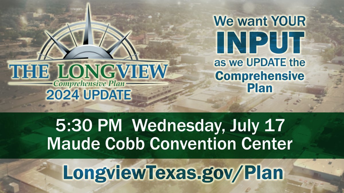 CityofLongview's tweet photo. Join us tonight for a public input meeting to discuss the update to our Comprehensive Plan.

The meeting will be held at 5:30 p.m. at the Maude Cobb Convention Center. https://t.co/i3mHt6bcv9