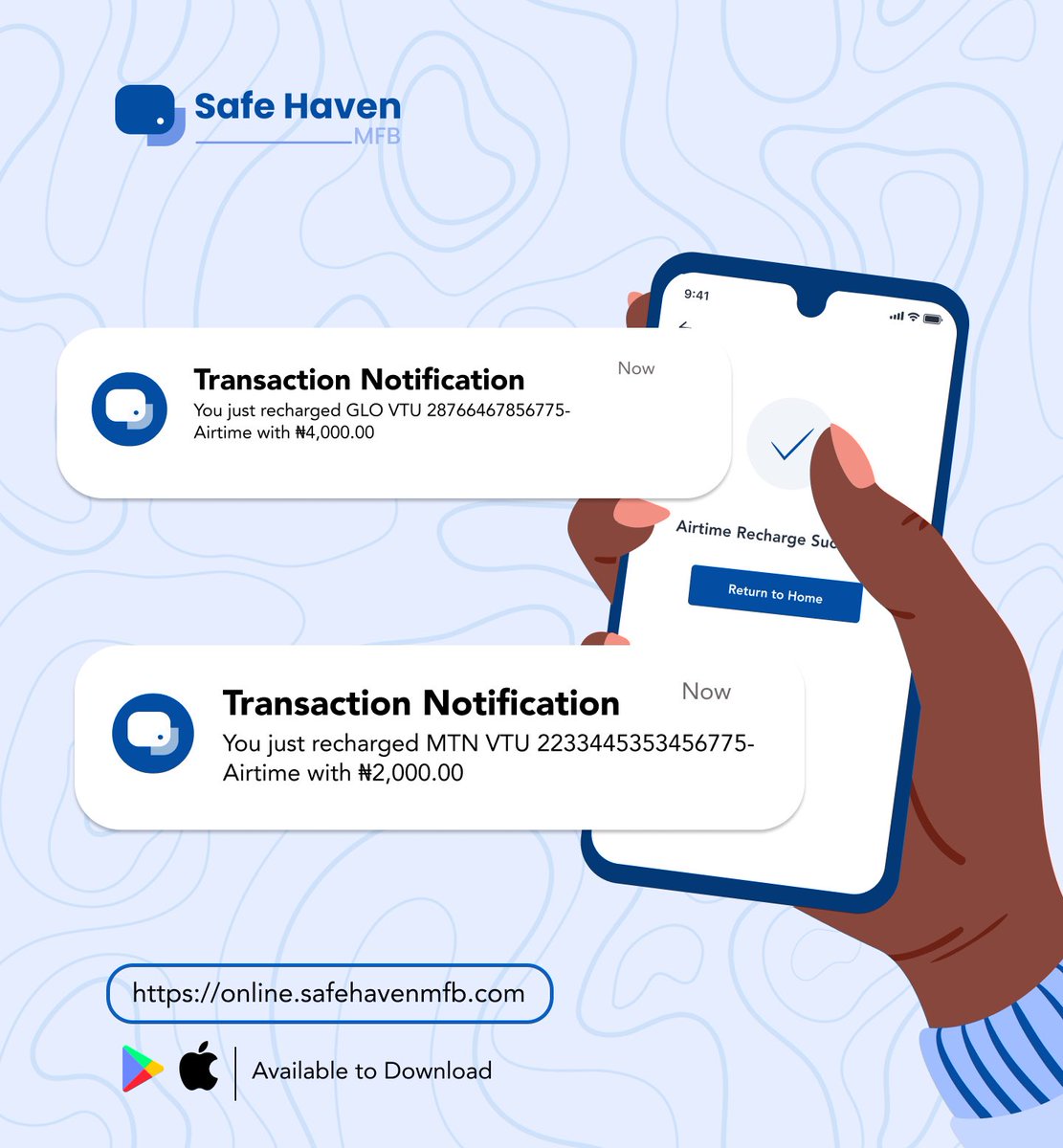 SafeHavenBank's tweet image. Stay connected effortlessly! Buy airtime and data on Safe Haven. No stress, just pure vibes. #SafeHavenMFB #Airtime #Data #StayConnected