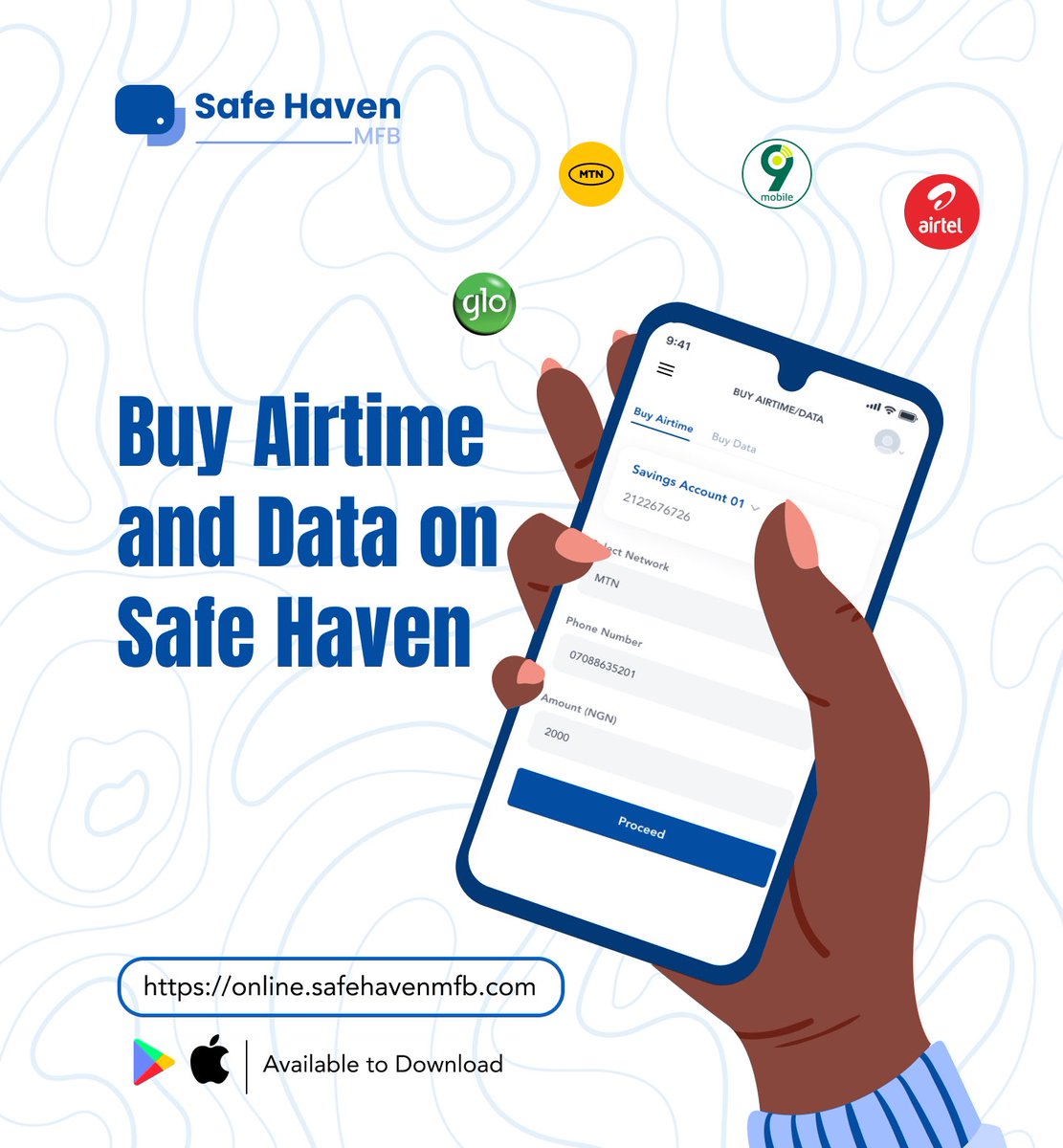 SafeHavenBank's tweet image. Stay connected effortlessly! Buy airtime and data on Safe Haven. No stress, just pure vibes. #SafeHavenMFB #Airtime #Data #StayConnected