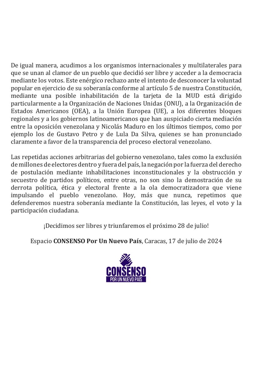 consensoxunp's tweet photo. Ante las pretenciones de Nicolás Maduro y su "gobierno" de inhabilitar los derechos políticos de los venezolanos, denunciamos un posible plan que atenta contra la democracia y contra todo un país que exige cambios y transformaciones inmediatas.
 #consensoxunp https://t.co/DC1yVjA9Kb
