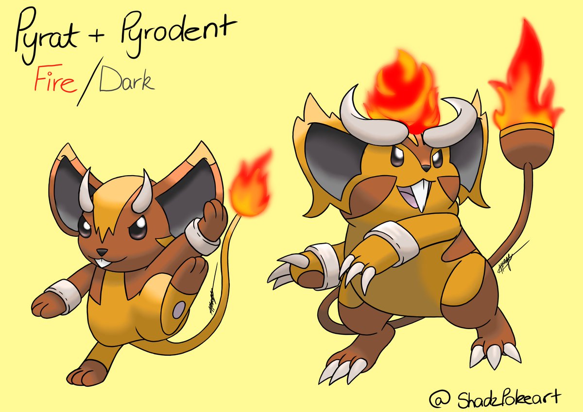SkyPage16's tweet photo. Fakemon 2: Pyrat and Pyrodent 
Fire and Dark type.
#pokemon #pokemonart #fakemon #pokemonfusion #art #shadzpokeart #pokemonfanart #pokemonfan #wacom #fakemons #pikachuclone #pokemonfakemon #fakemonpokemon #pokemoncommunity #pokemondrawing #pokemonartist https://t.co/iQMN11B33l