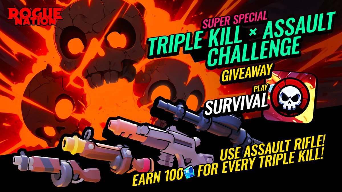 🚨Triple Kill × ASSAULT Challenge! 🚨

Stuff your bags with 💎💎💎 on the last week of Yuna event! Play Survival mode and perform Triple Kills using Assault Rifle! The more Triple Kills, the more 💎 you’ll earn!

Rules are simple:
✅ Like and RT this post
💀 Play Survival game