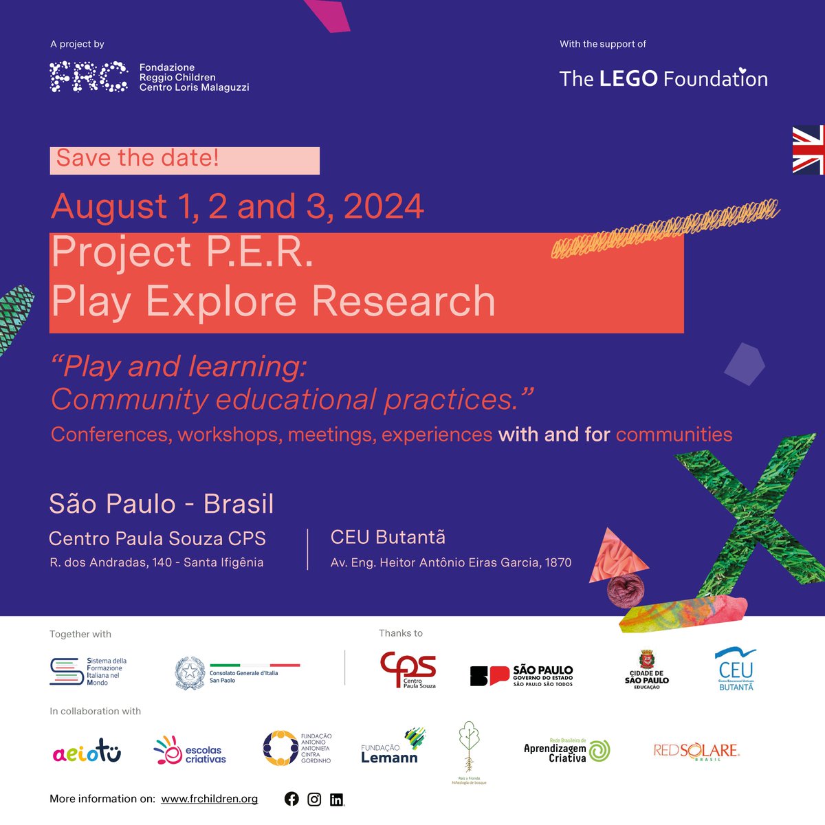 FRC_fondazione's tweet image. Save the date!
On August 1, 2 and 3 we will be in #SãoPaulo #Brazil, for the second international conference of 𝗣.𝗘.𝗥. - 𝗣𝗹𝗮𝘆 𝗘𝘅𝗽𝗹𝗼𝗿𝗲 𝗥𝗲𝘀𝗲𝗮𝗿𝗰𝗵.

Keep following us to discover the complete programme and all the details for participation.

#PlayandLearning
