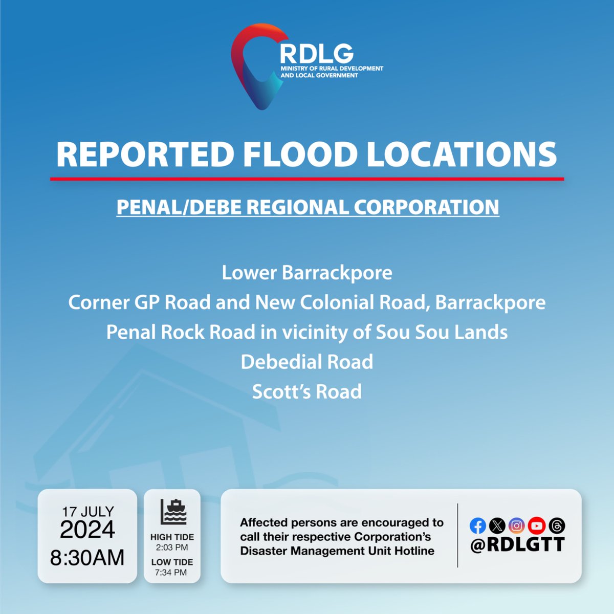 rdlgtt's tweet photo. Reported Flood Locations
Here's the latest report as of Wednesday 17 July 2024 as of 8:30am.
Affected persons are urged to contact their relevant DMU hotline.
#RDLG #IAmLG #WeAreLG #PlanPrepareCommunicate https://t.co/oZc8rudPek