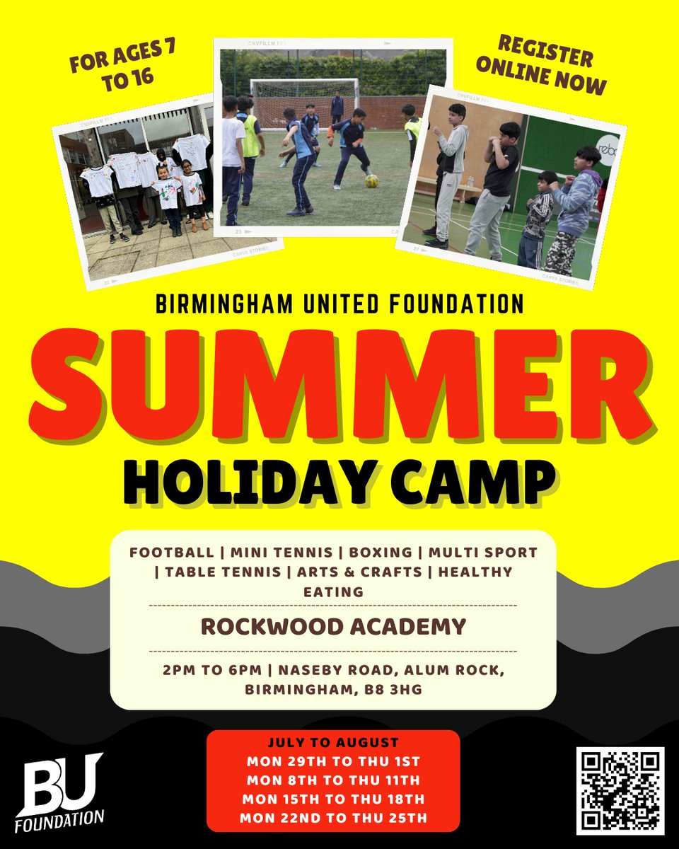 SUMMER HOLIDAY CAMPS🚨

We're delighted to announce that our summer holiday camps have been confirmed and are available for you to sign up!

To sign up, scan the QR code or use the link in our bio 📝

If you have any queries, contact us at:

07491 532706 or info@birminghamutd.com
