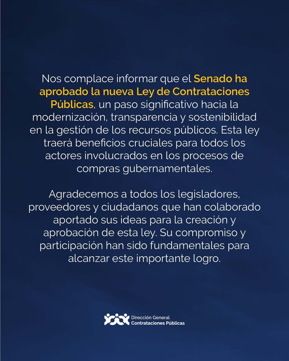 ComprasRD's tweet photo. La pieza legislativa pasa a la Cámara de Diputados para ponderación y aprobación. 

#TransformandoLeyComprasRD #LeyDeContratacionesPúblicas #ComprasDO https://t.co/9R3yThzPSD