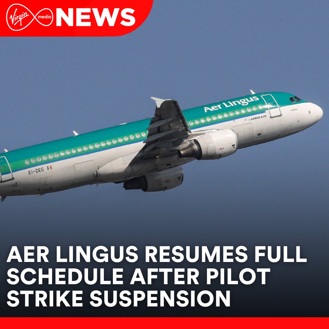 VirginMediaNews's tweet image. Aer Lingus resumes full schedule after cancelling hundreds of flights due to pilots' industrial action. 
For more, watch VMTV News at shorturl.at/Y2Ia7 
#VMTVNews #News #Ireland #AerLingus #PilotStrike #IrishAirline #LabourCourt