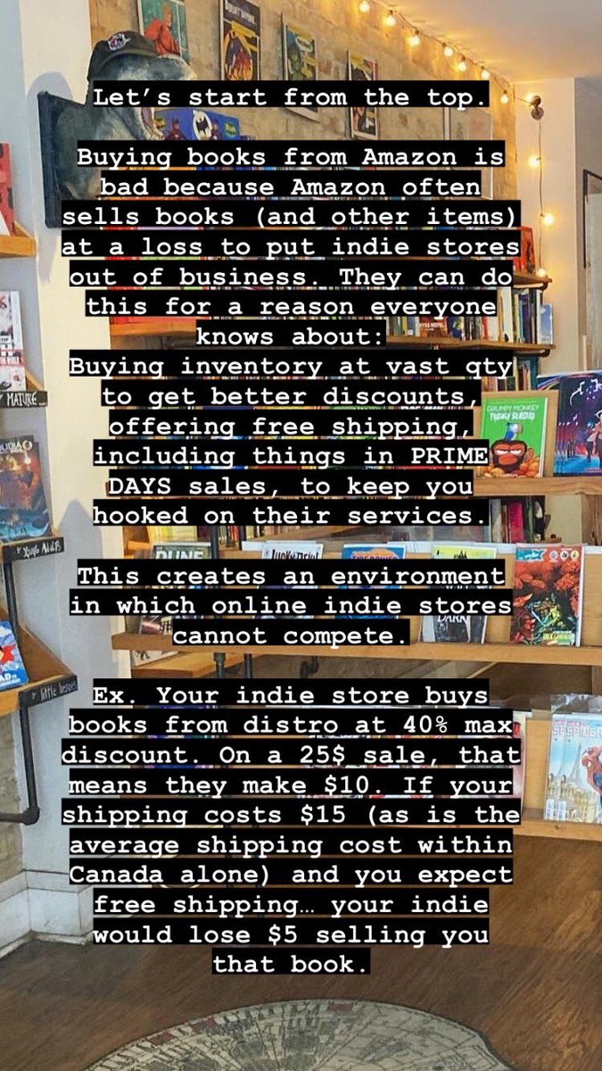 LittleGhostsBoo's tweet photo. For anyone who hasn’t seen Chris’ spicy rant about this… here it is!

Yes, we know- free shipping. We know that saving money feels good.

We also spent a weekend at ReaderCon hearing all about how there are fewer indie shops in communities and… these things are related. https://t.co/ZblLLnuxyO