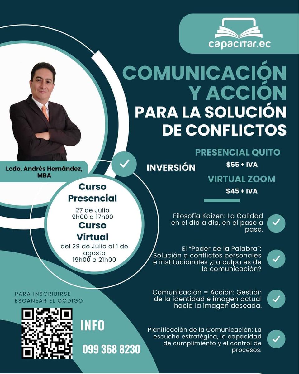 AHDirCom's tweet photo. Curso Comunicación y Acción para la Solución de Conflictos
#comunicacionpersonal #comunicacioninstirucional

Presencial Quito
27 de julio
9h00 a 17h00
💲63,25

Virtual 💻 a través de Zoom 
Del 29 de julio al 1 de agosto
19h00 a 21h00
💲51,75

Inscripción
https://t.co/avU4TAMArZ https://t.co/uhvhOMm6uQ