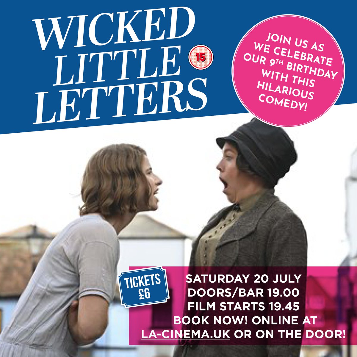 LAVillageCinema's tweet photo. It's @LAVillageCinema's 9th #Birthday this SATURDAY! FREE glass of #bubbly and a very very #funny #movie. #WickedLittleLetters at #LongAshton #CommunityCentre. All #tickets £6.00. What a bargain! Available at https://t.co/6Vv6Aj523d https://t.co/RqOgADN5Mw