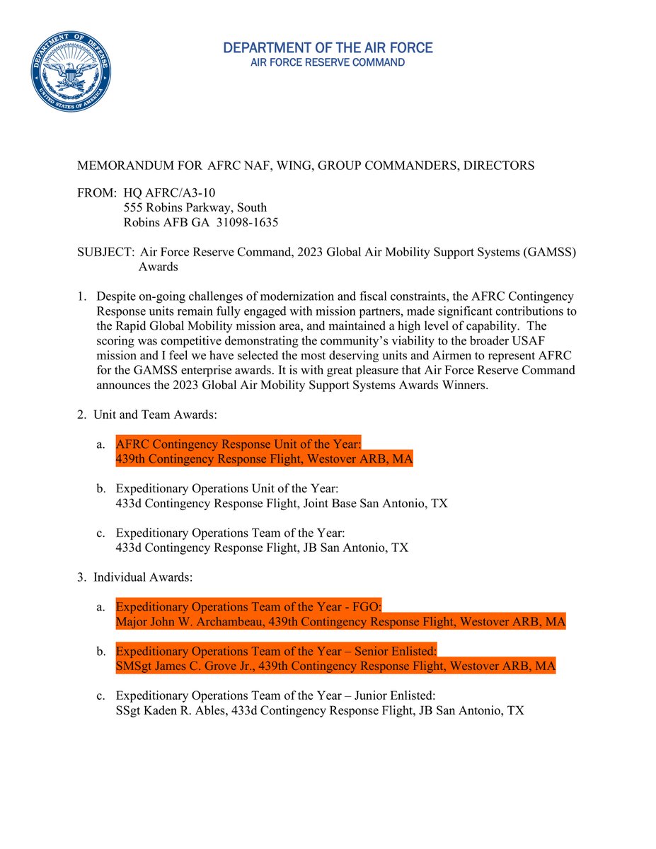 The 439th CRF has won the 2023 AFRC CR Unit of the Year!  And Major John Archambeau, was named Expeditionary Operations Team of the Year - Field Grade Officer and SMSgt James C. Grove Jr. was awarded the Expeditionary Operations Team of the Year – Senior Enlisted category.