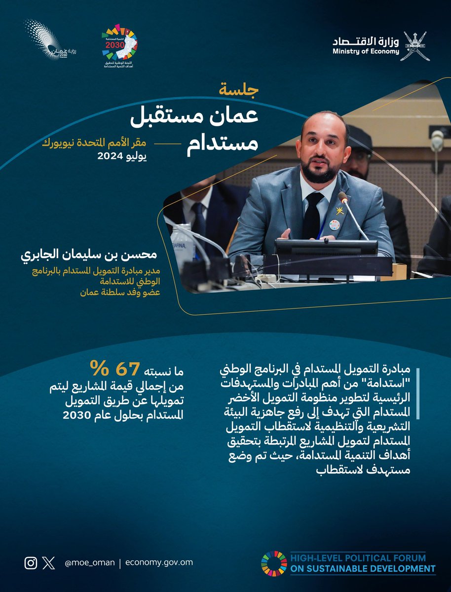 MOE_Oman's tweet photo. جلسة "عُمان مستقبل مستدام" تناقش تقدم سلطنة عمان المحرز في تحقيق الأهداف الأممية لـ #التنمية_المستدامة، وتعكس الجهود والمبادرات في إطار مستهدفات وطموحات الرؤية المستقبلية #عمان_2040. 

#المنتدى_السياسي_الرفيع_المستوى  2024 https://t.co/C2LwVntGQ8