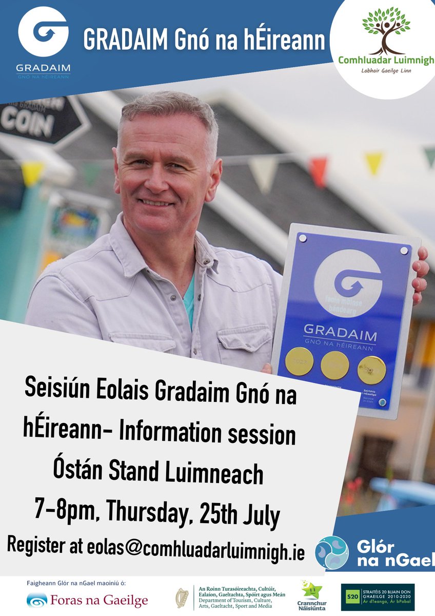 A chairde, seo meabhrúchán don seisiún eolais Gradaim Gnó na hÉireann. Beidh fáilte roimh chách agus gach cineál gnó. Faigh amach cad iad na féidearthachtaí agus na buntáistí leis an nGaeilge a bheith mar chuid de do ghnó. Clárú linn ag eolas@comhluadarluimnigh.ie. 
<a href="/GlornanGael/">Glór na nGael</a>