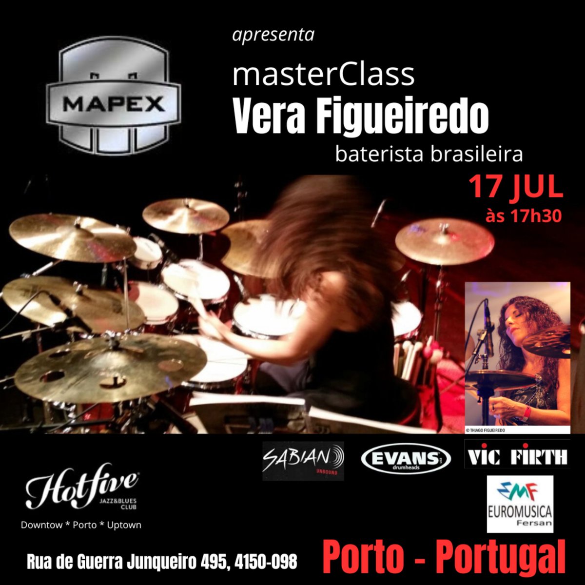 A baterista Vera Figueiredo apresentará hoje uma masterclass no Hot Five Jazz &amp; Blues Club, na cidade do Porto, em Portugal. 🥁🎵

#sabiancymbals #evandrumheads #vicfirthdrumsticks #ibvfbrasil #batukabrasil