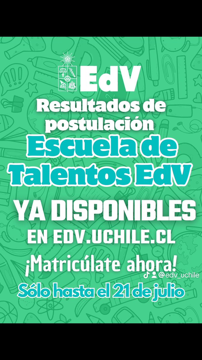 RESULTADOS DISPONIBLES en edv.uchile.cl 👈 matrículas hasta el 21 de julio 💫 ¡Matricúlate hoy!  edv.uchile.cl/resultados-pos…