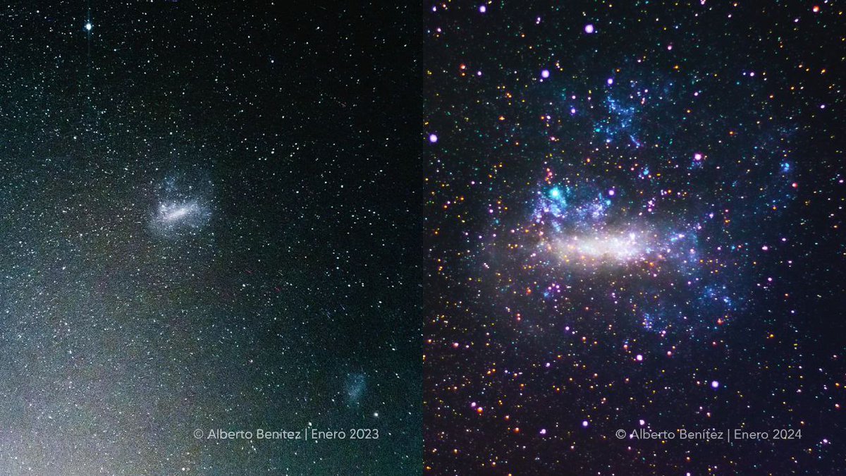 smartphone_astr's tweet photo. By our member @albenitezbrand "The #MagellanicClouds, with a telephone and with a reflex camera. L with phone, R with SLR" - #smartphone_astrophotography vs #reflex - #Astrophotography #MCs #Galaxies https://t.co/9jyQGU8o4b