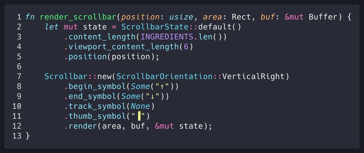 orhundev's tweet photo. Adding scrollbar to your TUI application is really easy with Ratatui! 🚀

🧩 Scrollbar widget: https://t.co/Jh94tz1XWb

🦀 Example Rust code: https://t.co/6FFmVCRHMx

#rustlang #ratatui #tui #scrollbar #terminal #tips https://t.co/XhR7CtZQQH