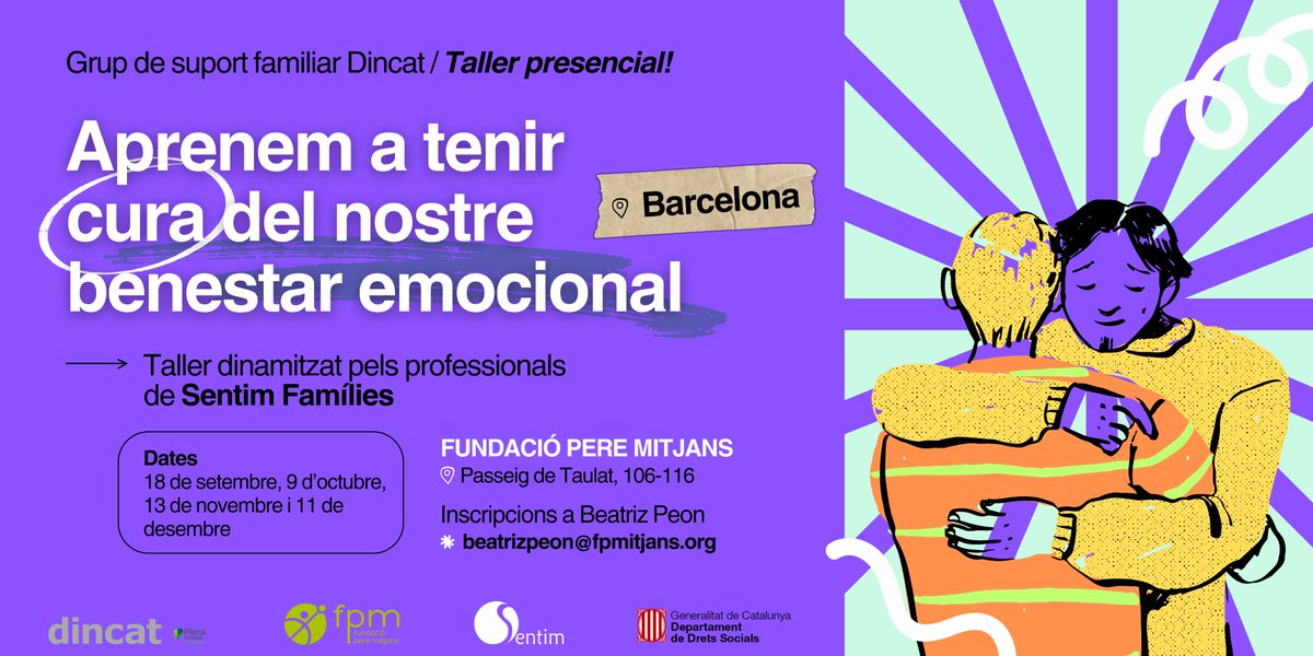 _dincat's tweet image. 📢 Taller presencial del #GrupDeSuportFamiliar Dincat!!
"Aprenem a tenir cura del nostre benestar emocional", per @ProgramaSentim i @fpmitjans 

🫂 Per totes aquelles amb un membre de la seva família amb una discapacitat intel·lectual.

👉 Apuntat!!