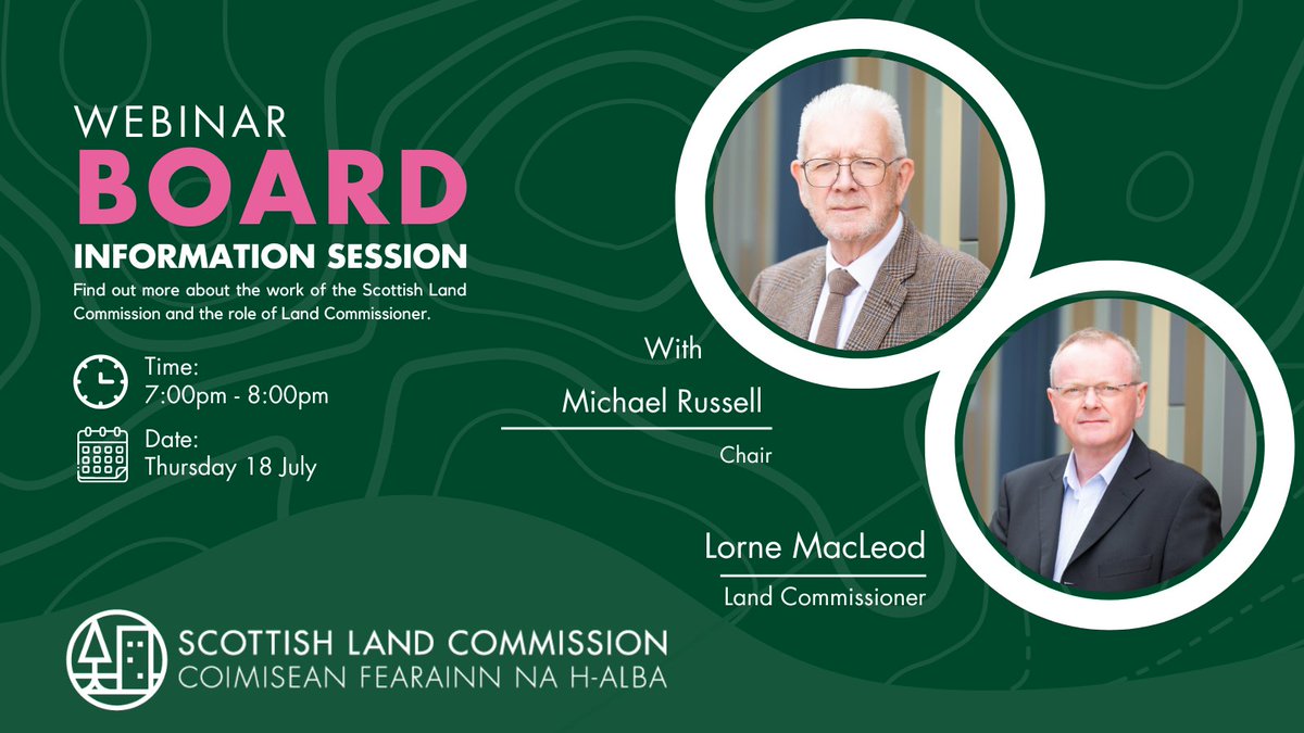 ScottishLandCom's tweet photo. Join Chair of our board, @Feorlean and Land Commissioner, @LorneOban from 7pm tomorrow on Zoom for a chance to find out more about the open positions on our board. 

Applications need to be submitted to @scotgov by 5pm on 9 August 🔔

https://t.co/Irzn5rEwC6 https://t.co/THS2Ca5i65