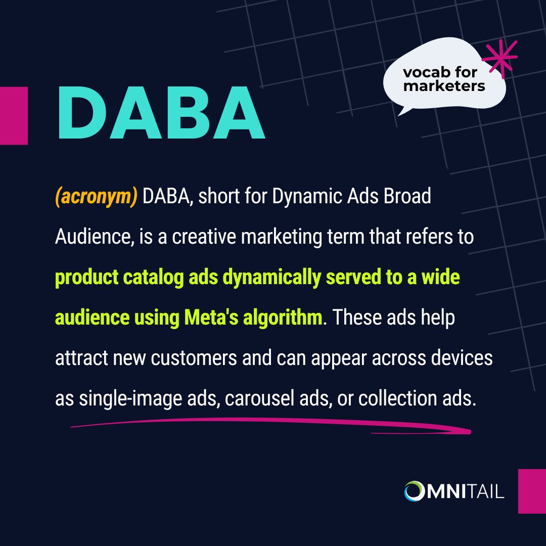 Omnitail_LLC's tweet photo. Curious about #DABA ads and how marketers use them? 🤔

In our #VocabForMarketers post, we break down what DABA #ads are &amp; how you can leverage them to effectively target potential customers. ➡️ https://t.co/BzdFNH5iKg

#DynamicAds #Creative #DigitalMarketing #ECommerce https://t.co/Dkjb7evjGR