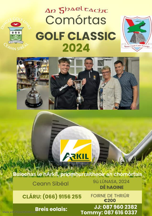 Cumann Caide na Gaeltachta (@anghaeltacht) on Twitter photo Beidh ana lá agus ana thráthnóna thiar <a href="/CeannSibealGC/">Dingle Golf Links at Ceann Sibeal</a> ar an Aoine 9ú Lúnasa. Cuir glaoch ar Tommy nó JJ más mian leat foireann a chur isteach agus Corn Thomáis Uí Chruadhlaoich a bhaint den gcleas óg a bhuaigh anuraidh é! Beidh ana lá agus ana thráthnóna thiar <a href="/CeannSibealGC/">Dingle Golf Links at Ceann Sibeal</a> ar an Aoine 9ú Lúnasa. Cuir glaoch ar Tommy nó JJ más mian leat foireann a chur isteach agus Corn Thomáis Uí Chruadhlaoich a bhaint den gcleas óg a bhuaigh anuraidh é!