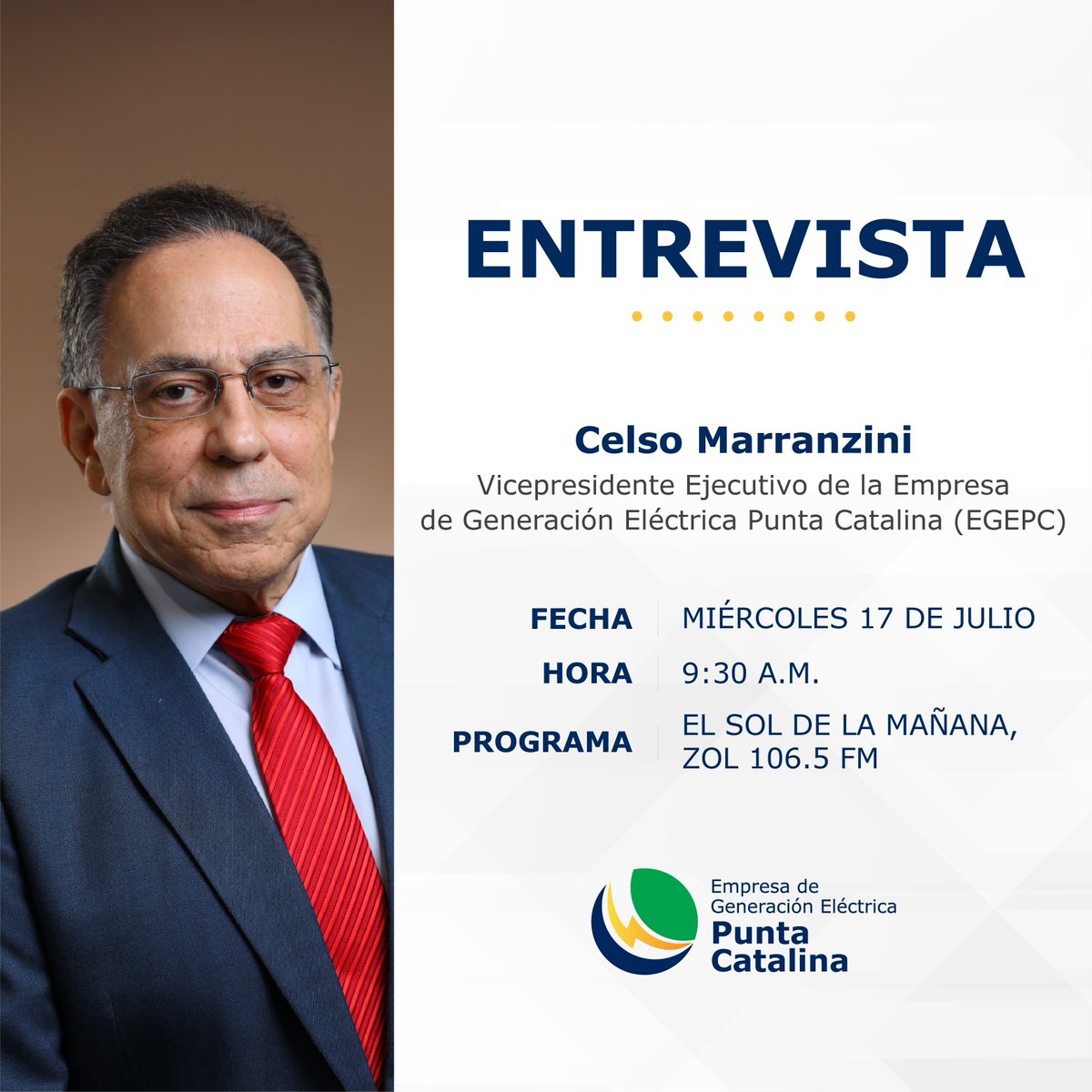 egepcrd's tweet photo. ¡Sintoniza a las 9:30 a.m. la entrevista con @celsomprp, VP Ejecutivo de la #EGEPC y Presidente de la CUED, en el programa @ZOLFM1065 @RCCMediaRD!
Conoce más sobre #PuntaCatalina y otros temas clave del sector eléctrico.
#Entrevista #CTPC #Noticias #EGEPC https://t.co/DOp2jVBoku