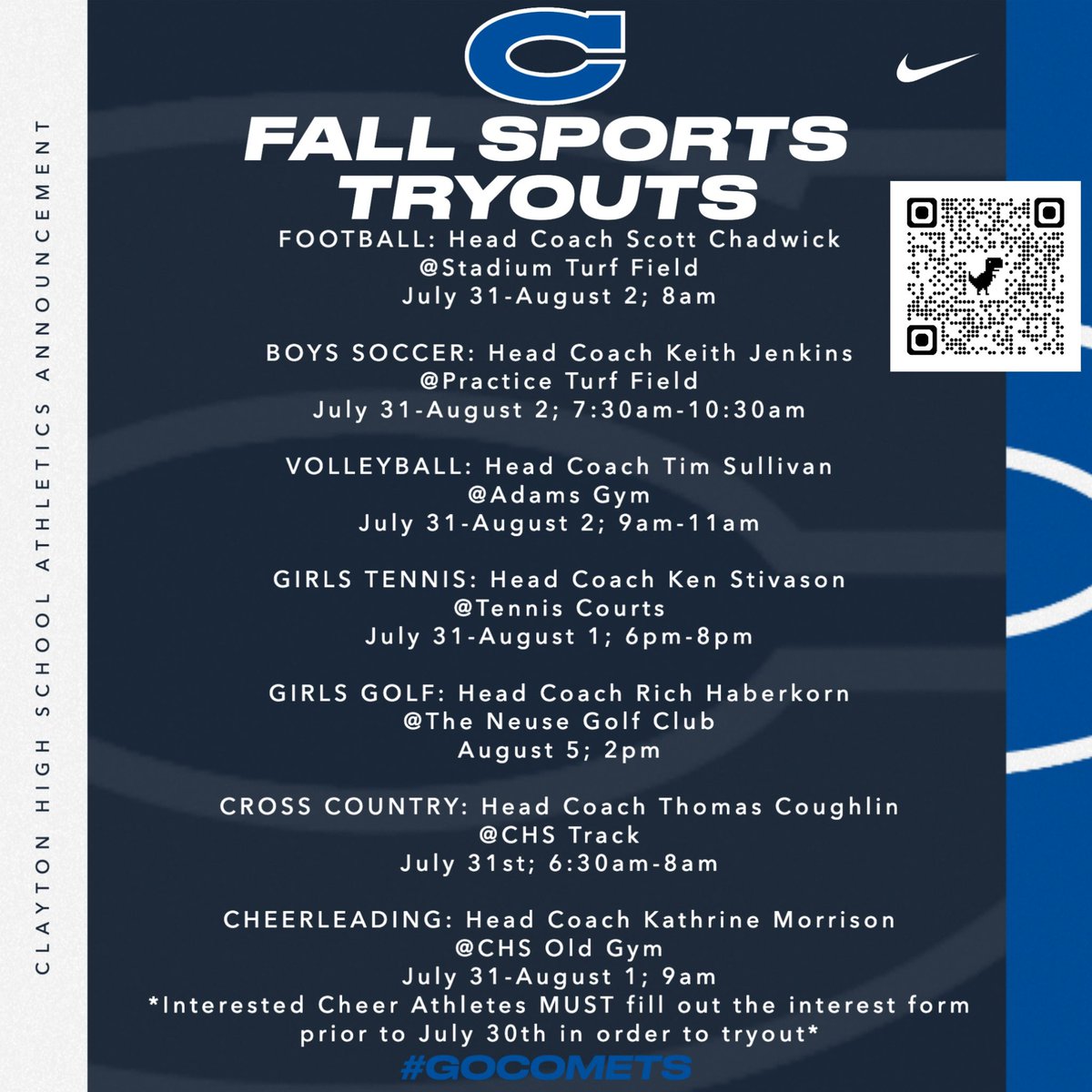 ❗️FALL SPORTS TRYOUTS❗️

We are officially 2️⃣ weeks away from Fall sports tryouts! Please see the graphic for more information &amp; please feel free to reach out with any questions!

The QR code is a 🔗 to FinalForms instructions.  ALL athletes need to be cleared in order to tryout!