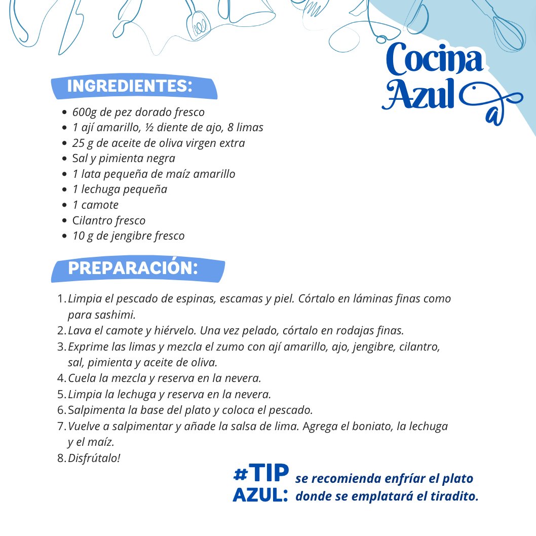 azulsostenible1's tweet photo. Nueva receta en #CocinaAzul 👨‍🍳💙 Cuéntanos en los comentarios si prepararías este #tiradito de #pezdorado 🐟 ⬇️ https://t.co/u4wRwaeuXc
